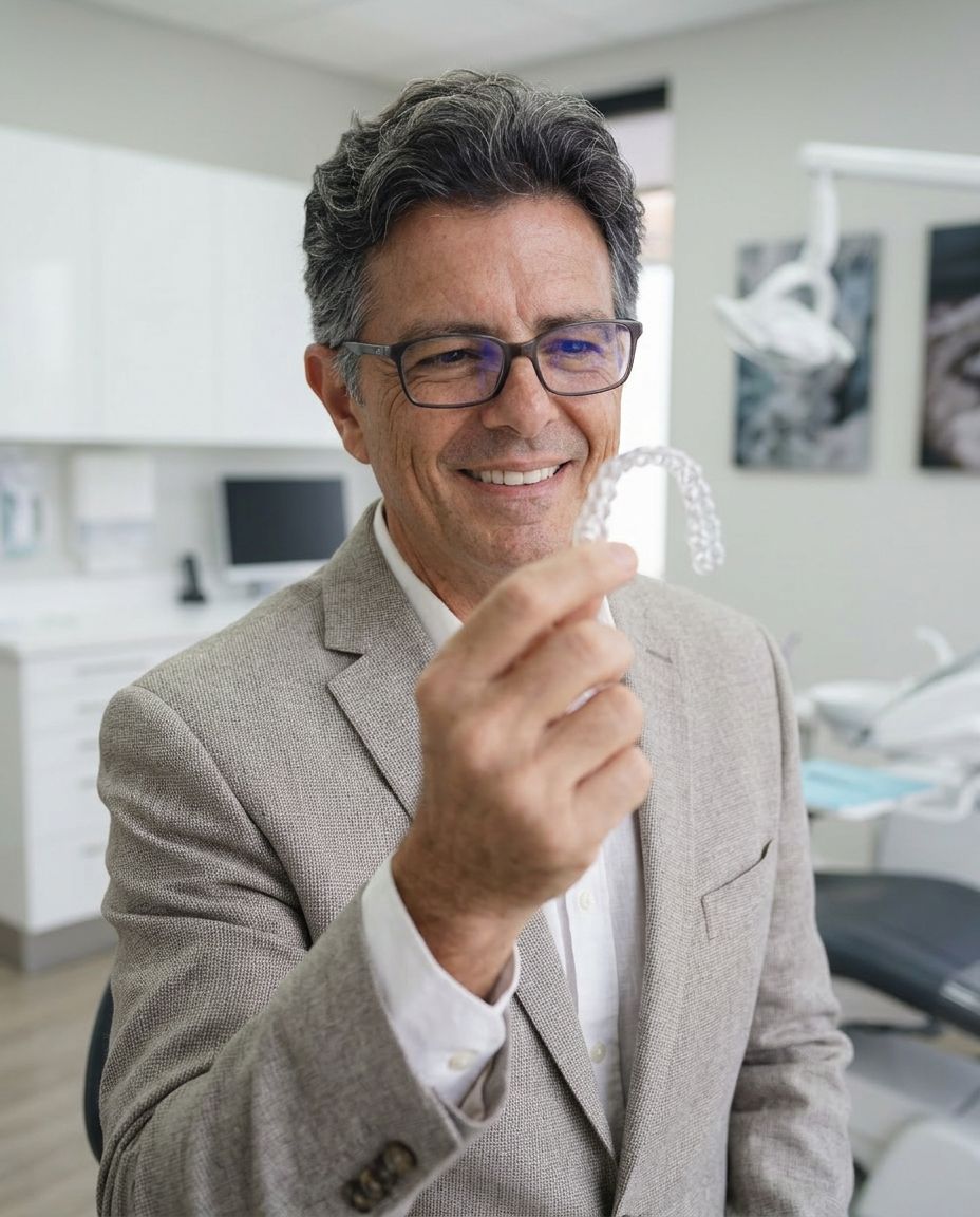 Dr. Hugo Robertson segurando um alinhador transparente Invisalign