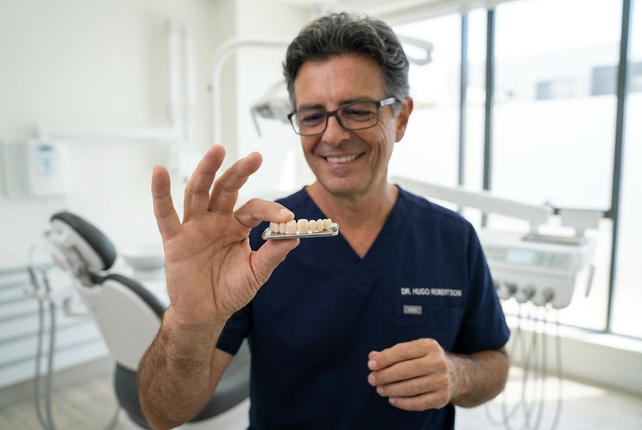 Dr. Hugo Robertson apresentando coroas protéticas utilizadas na reabilitação sobre implantes