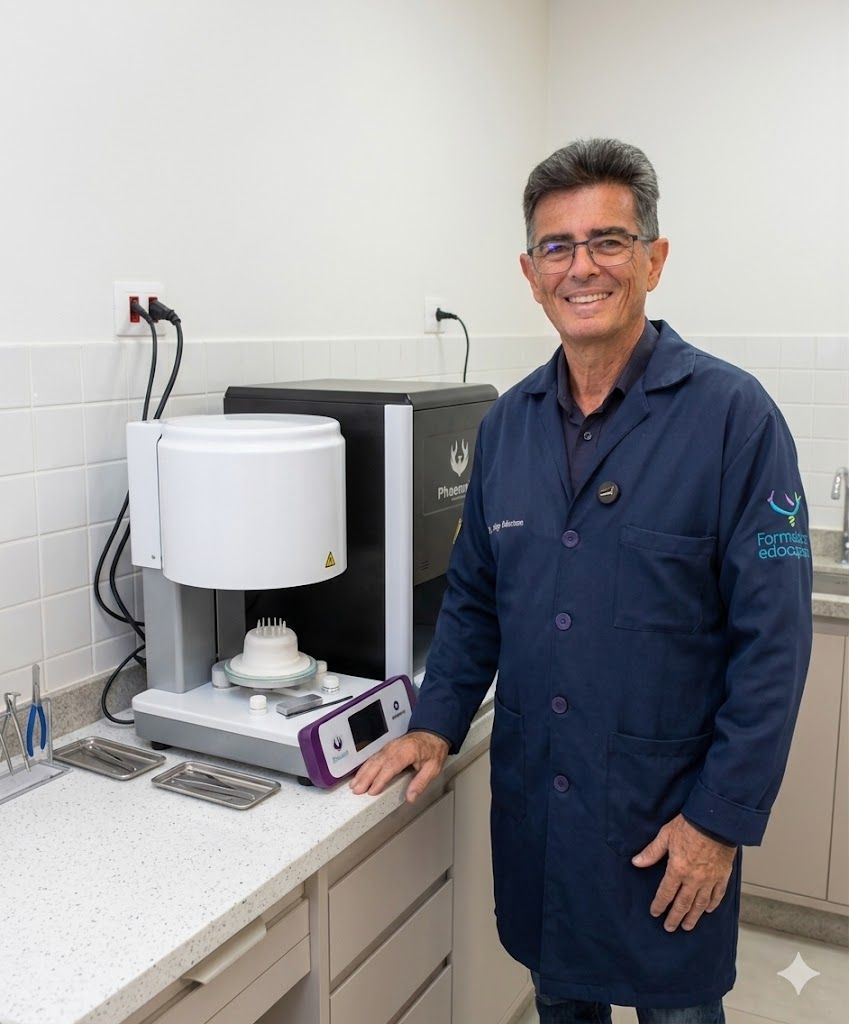 Dr. Hugo Robertson no laboratório de prótese da Odontoclinic Vila Mariana